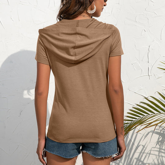 Damen Kurzarm Hoodie-Oberteil mit praktischen Taschen und Reißverschluss EB