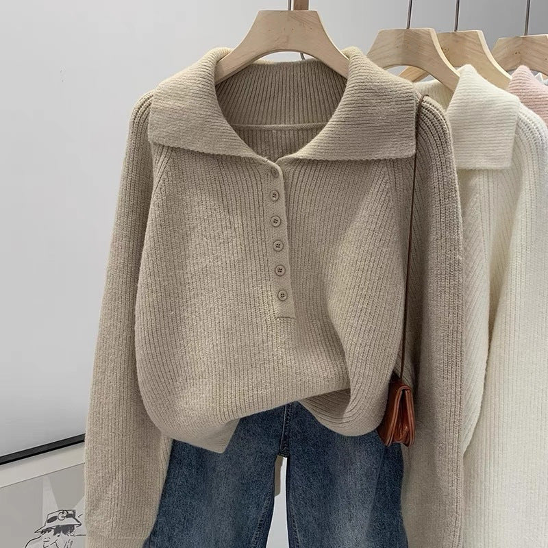 Damen Strickpullover mit Kragen und Knopfleiste EB