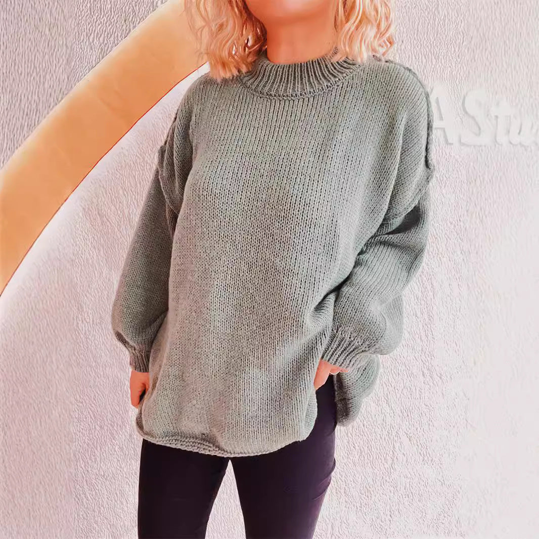 Damen lässiger Grobstrickpullover mit hohem Kragen und weitem Schnitt EB