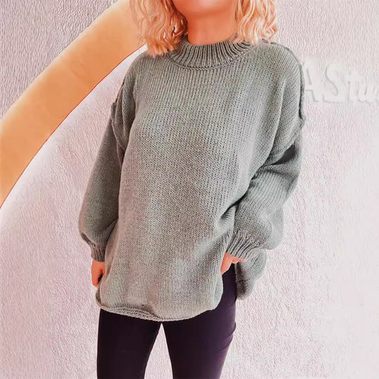 Damen lässiger Grobstrickpullover mit hohem Kragen und weitem Schnitt EB
