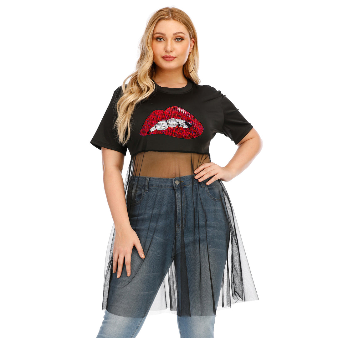 Damen modisches Crop-Top mit transparentem Überwurf und Glitzerbesatz EB