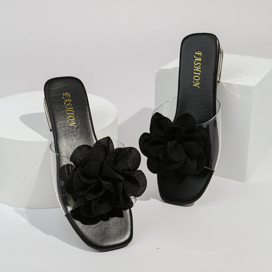 Damen Slides mit floralen Applikationen und funkelndem Blockabsatz EB