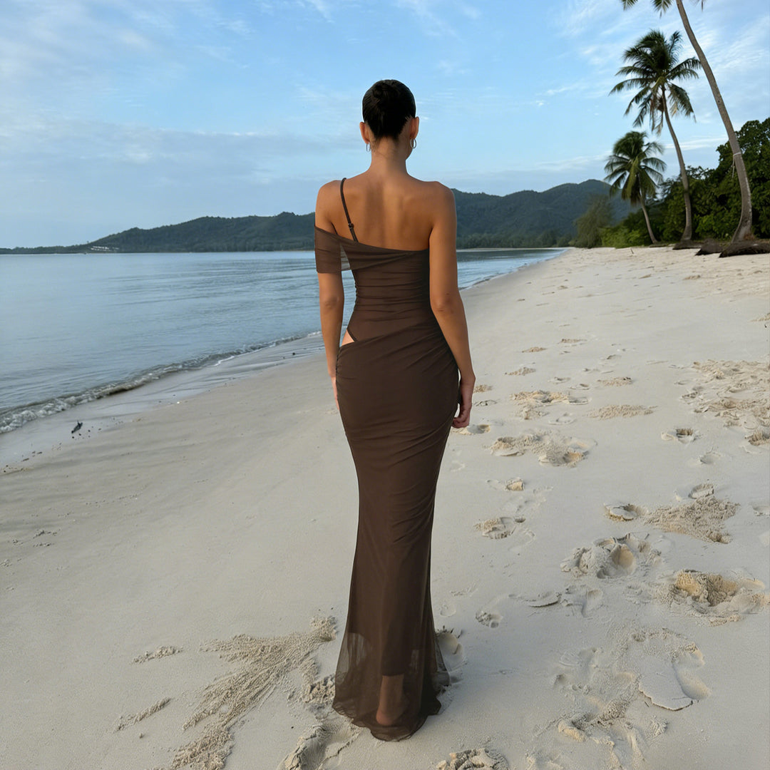 Damen elegantes Abendkleid mit raffinierten Rüschendetails und transparenten Einsätzen EB
