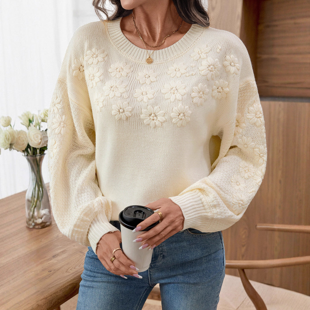 Damen modischer Pullover mit floralen Stickereien und strukturiertem Ärmel EB
