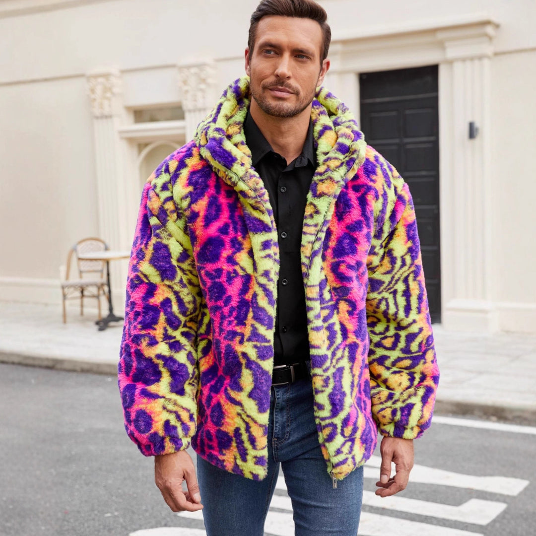 Herren Plüschjacke mit auffälligem Tierprint und Kapuze EB