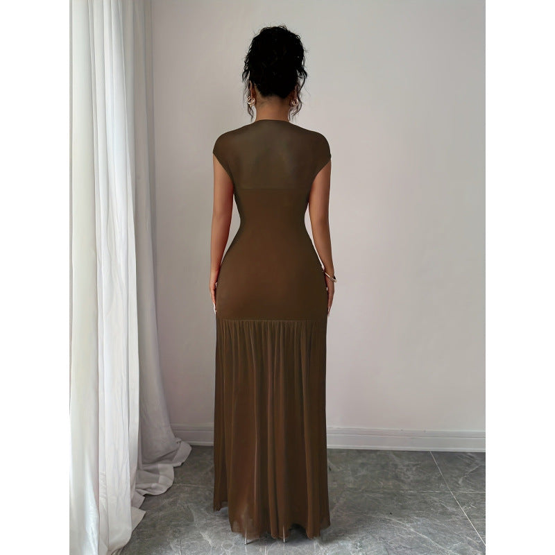 Damen Elegantes Maxikleid mit raffiniertem Drapée und transparentem Rock EB