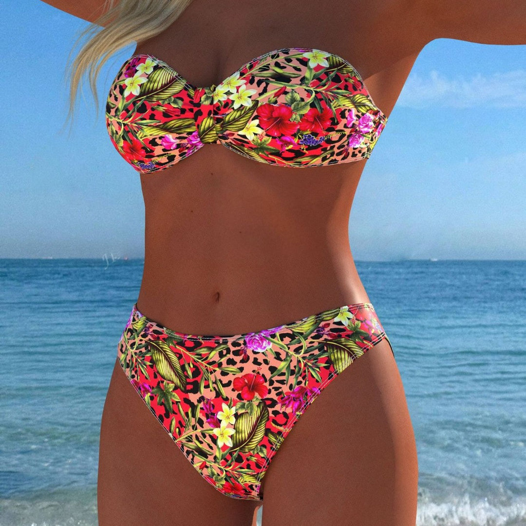 Damen Bandeau-Bikini mit floralem Muster und hohem Beinausschnitt EB