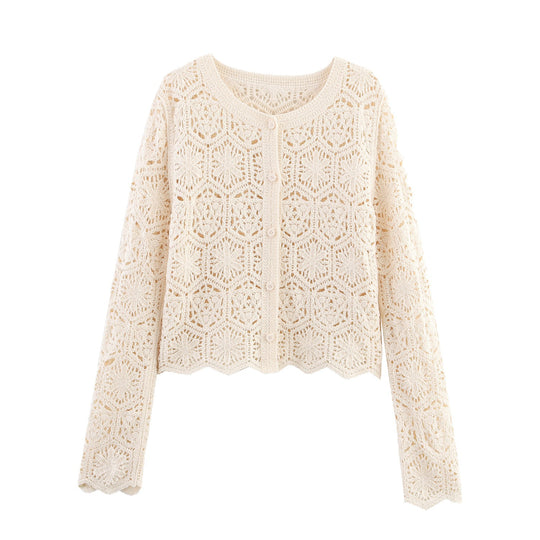 Damen lässige Strickjacke mit floralem Lochmuster und Knopfleiste EB