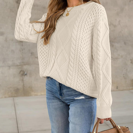 Damen Strickpullover mit aufwendigem Zopfmuster und lässigem Schnitt EB