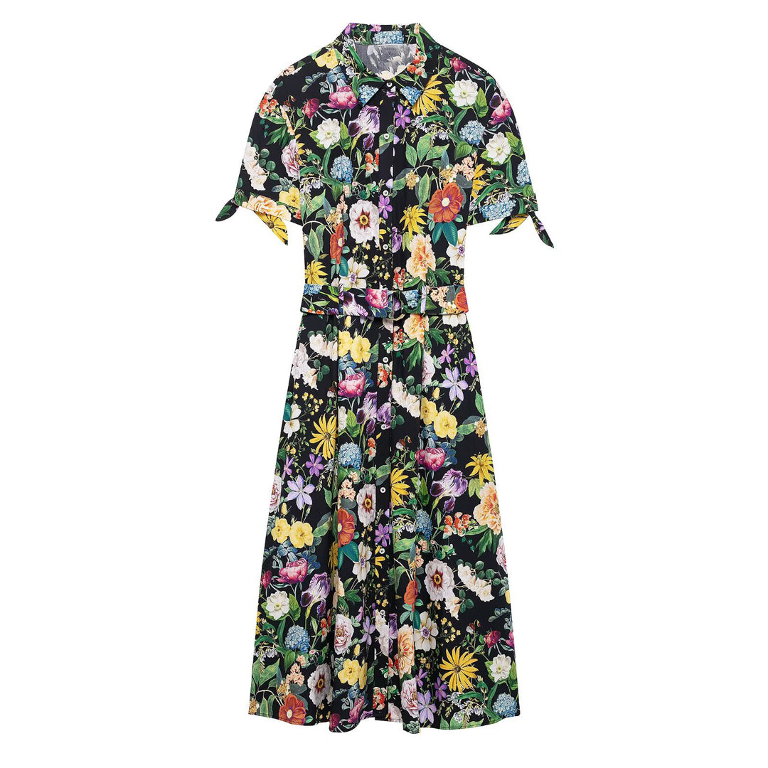 Damen florales Midikleid mit elegantem Kragen und Taillengürtel EB