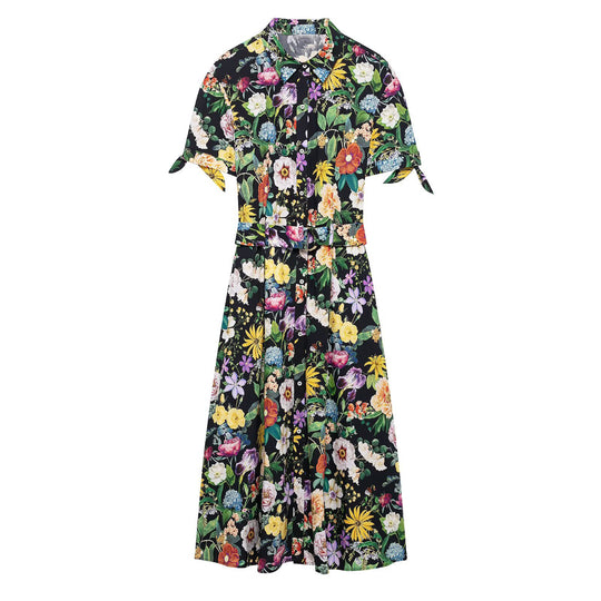 Damen florales Midikleid mit elegantem Kragen und Taillengürtel EB
