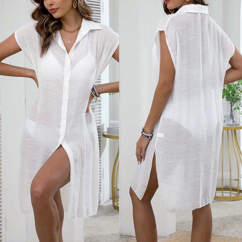 Damen luftiger Strandkleid mit Knopfdetails und überschnittenen Schultern EB