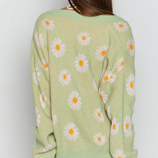 Damen Strickjacke mit floralem Design und V-Ausschnitt EB