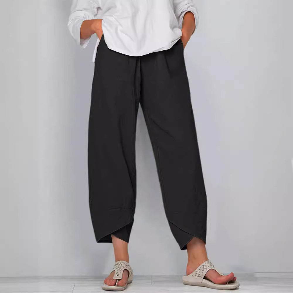 Damen nan weit geschnittene Leinenhose mit Tulpen-Saum und elastischem Bund EB