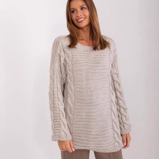 Damen Grobstrickpullover mit modernem Zopfmuster und weiten Ärmeln EB