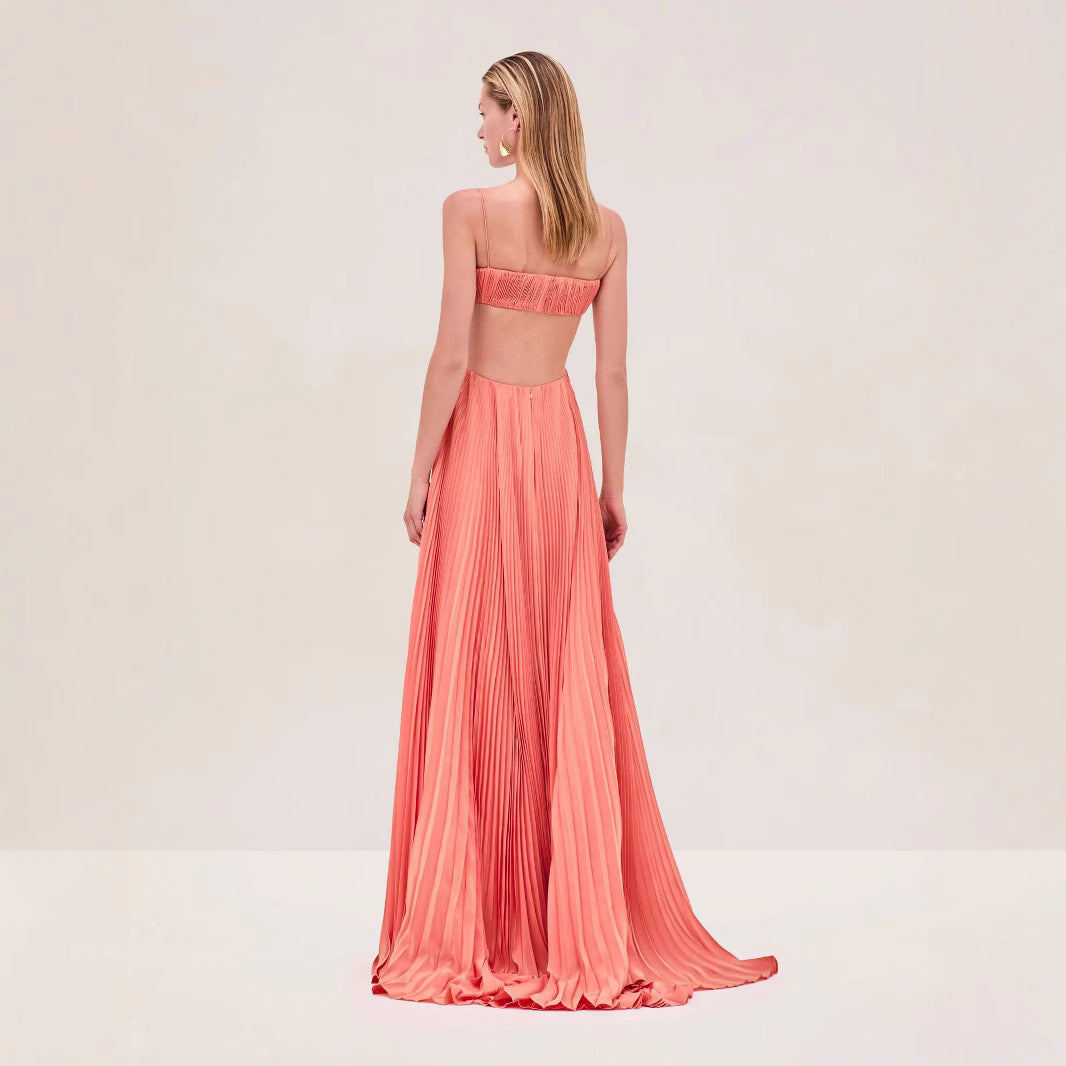 Damen Maxi-Kleid mit eleganter Plisseedetails und schmalen Spaghettiträgern EB