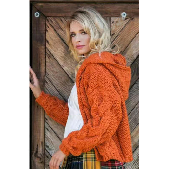 Damen gestrickte Kapuzenjacke mit voluminösem Gewebe und Zopfmuster EB