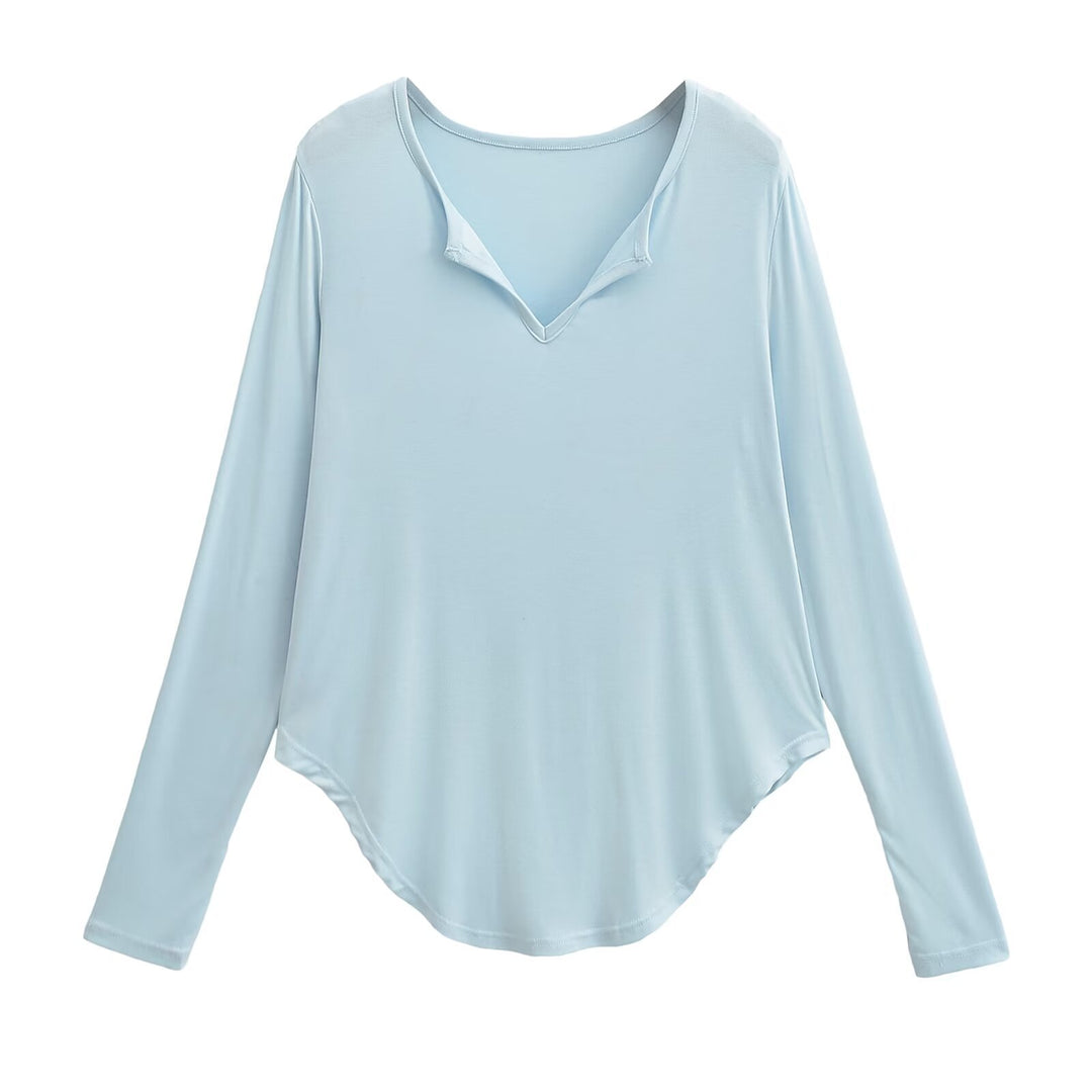 Damen lässiges Longsleeve-Oberteil mit V-Ausschnitt und geschwungenem Saum EB