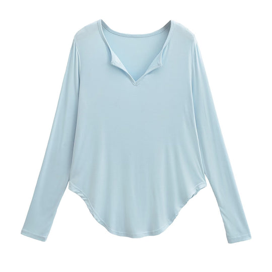 Damen lässiges Longsleeve-Oberteil mit V-Ausschnitt und geschwungenem Saum EB