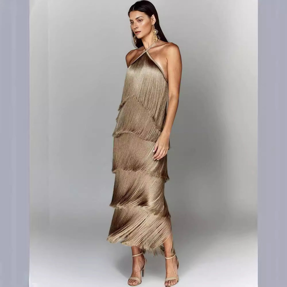 Damen Glamouröses Maxikleid mit Fransen und schulterfreiem Design EB