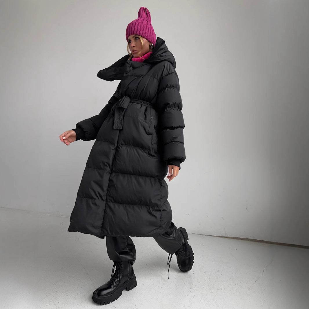Damen Lange Steppjacke mit Kapuze und praktischem Reißverschluss EB