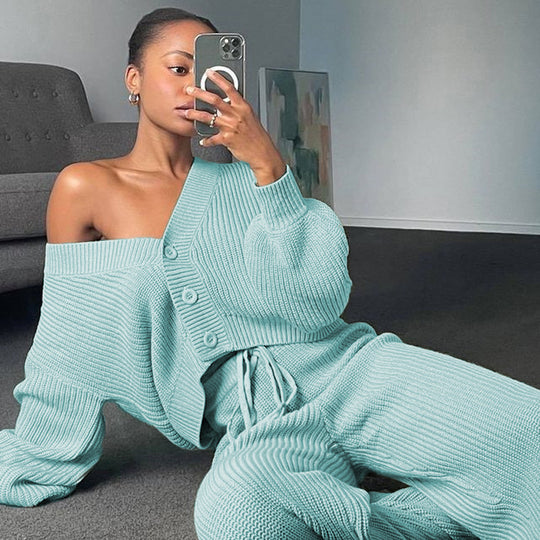 Damen Angesagtes Strick-Loungewear-Set mit modischen Knöpfen und Kordelzug EB