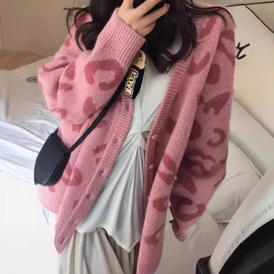 Damen Strickcardigan mit auffälligem Leopardenmuster und großzügigem Schnitt EB