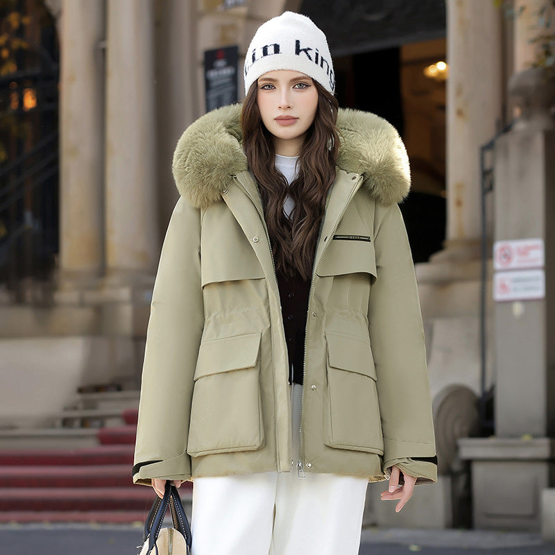 Damen Elegante und warme Winterjacke mit abnehmbarem Kunstfellkragen und praktischen Taschen EB