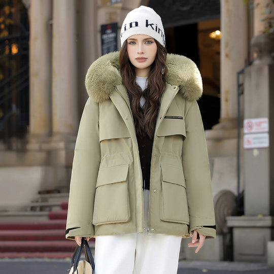 Damen Elegante und warme Winterjacke mit abnehmbarem Kunstfellkragen und praktischen Taschen EB
