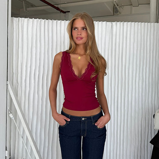 Damen Körperbetontes Tanktop mit Spitzenakzenten EB