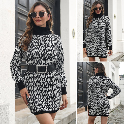Damen Strickkleid mit hohem Kragen und strukturiertem Muster EB