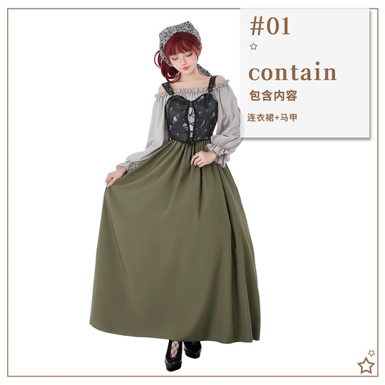 Damen nan Renaissance-inspiriertes Maxikleid mit Schnürkorsett und Carmenärmeln EB