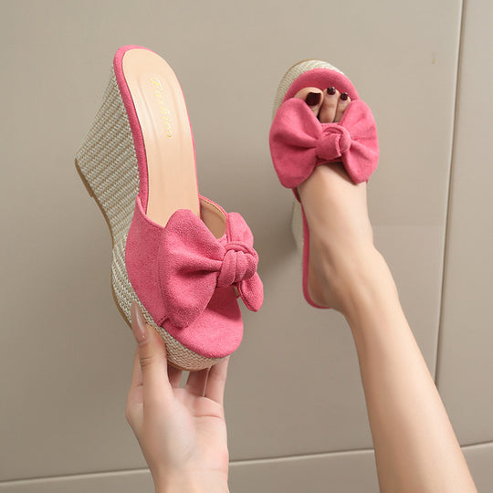 Damen Wedge-Pantoletten mit kreativem Schleifen-Design und verstellbarem Riemen EB