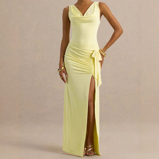 Damen Elegantes Abendkleid mit tiefem V-Ausschnitt und seitlichen Rüschendetails EB