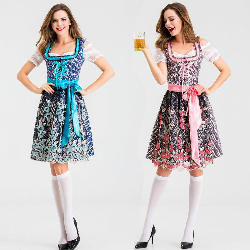 Damen nan traditionelles Kurzdirndl mit Spitzenärmeln, Schnürung und floraler Schürze EB