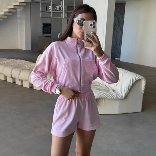 Damen Sportliches Loungewear-Set mit bequemer Jacke und Shorts EB