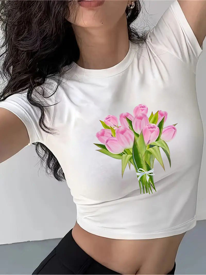 Damen Crop-T-Shirt mit kreativem Cocktail-Design EB