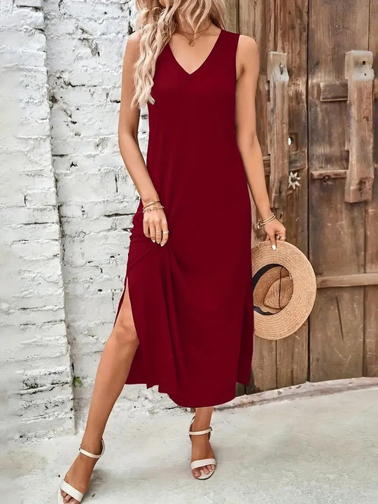 Damen Maxikleid mit V-Ausschnitt und seitlichem Schlitz EB