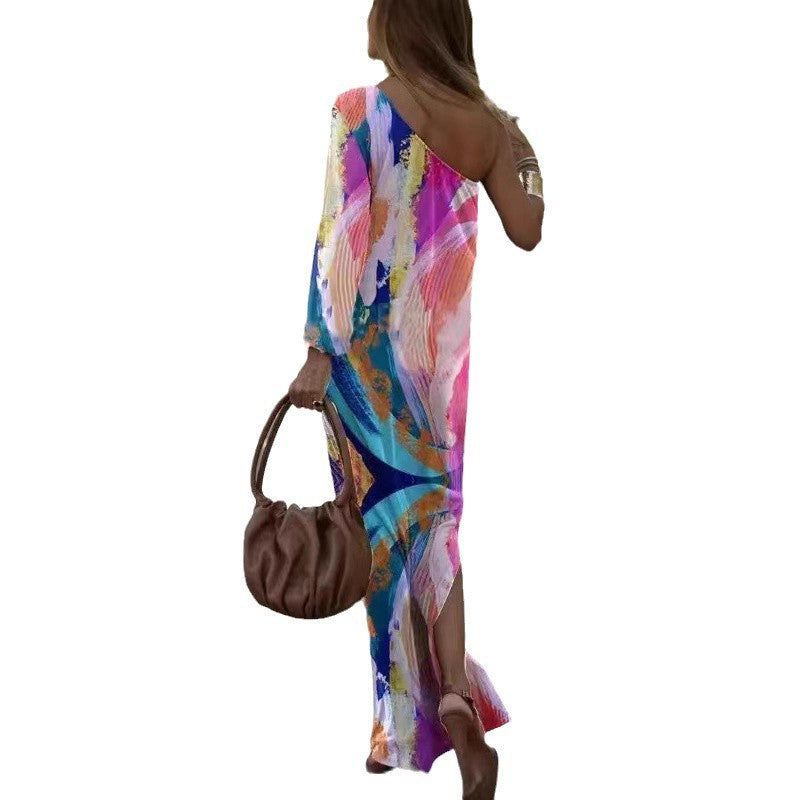 Damen Maxikleid mit asymmetrischem Schnitt und lebhaftem Farbdesign EB