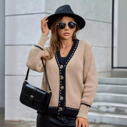 Damen Strickjacke mit eleganter Knopfleiste und kontrastierenden Abschlüssen EB