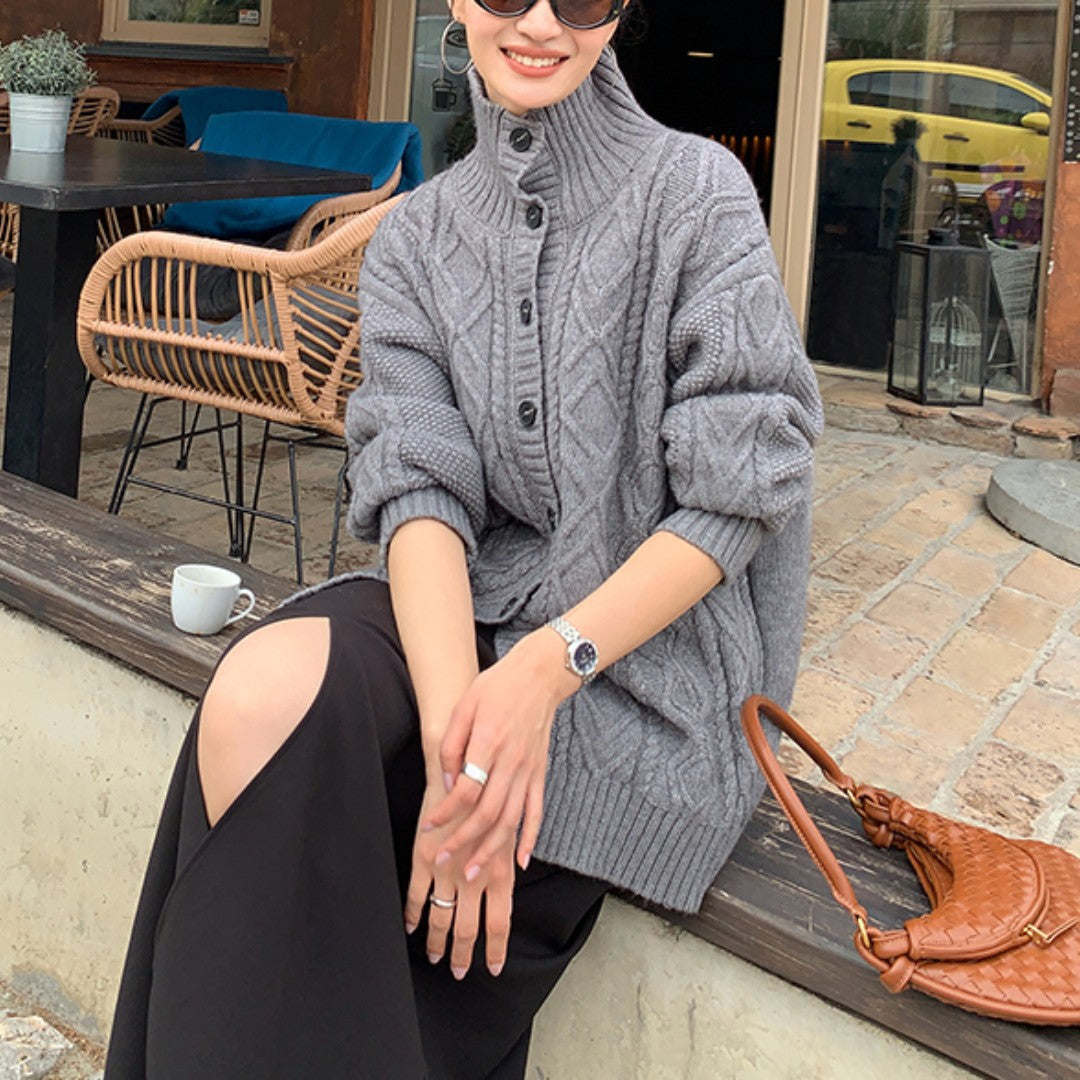 Damen Strickjacke mit hochgeschlossenem Kragen und strukturierter Oberfläche EB