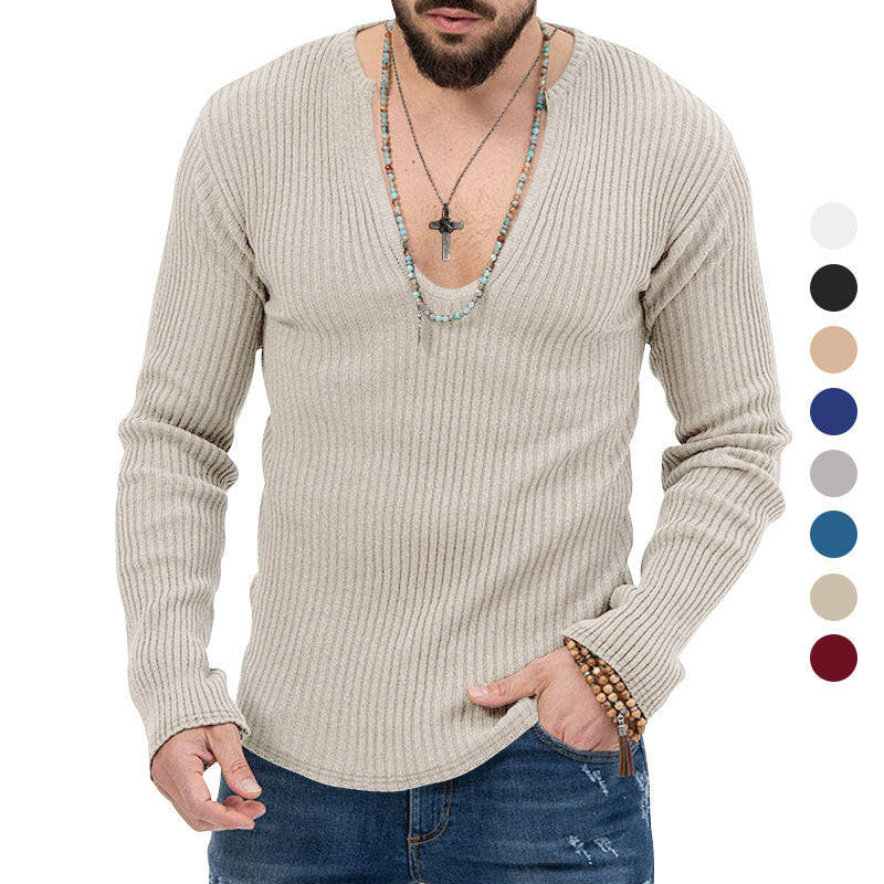 Herren Langarm-Rippenpullover mit tiefem V-Ausschnitt und modernem Schnitt EB