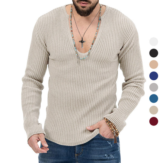 Herren Langarm-Rippenpullover mit tiefem V-Ausschnitt und modernem Schnitt EB