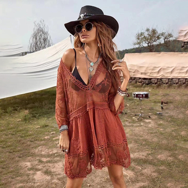 Damen luftiger Beachcover-Up mit aufwendiger Stickerei EB