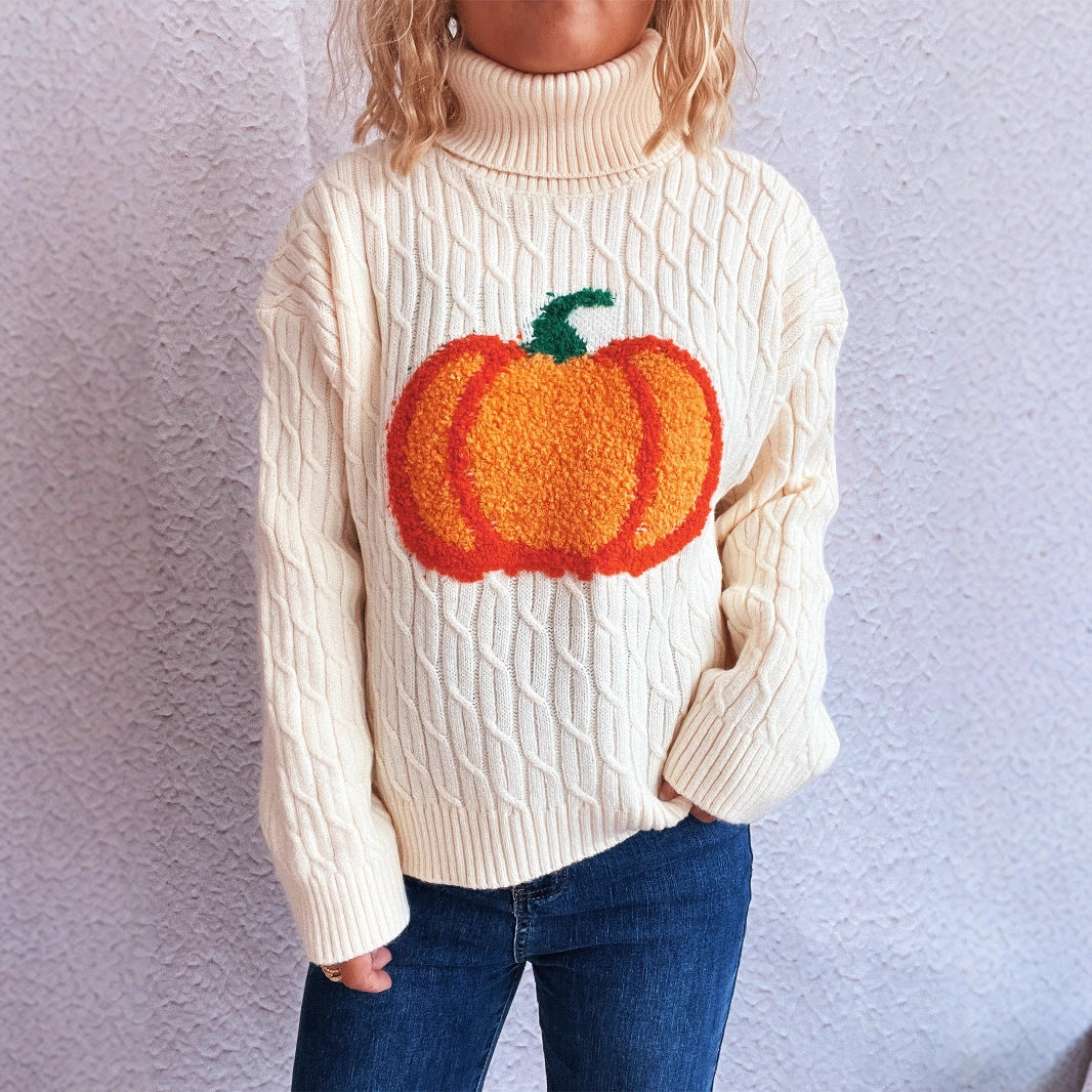 Damen Strickpullover mit Rollkragen und fröhlichem Kürbisdesign EB