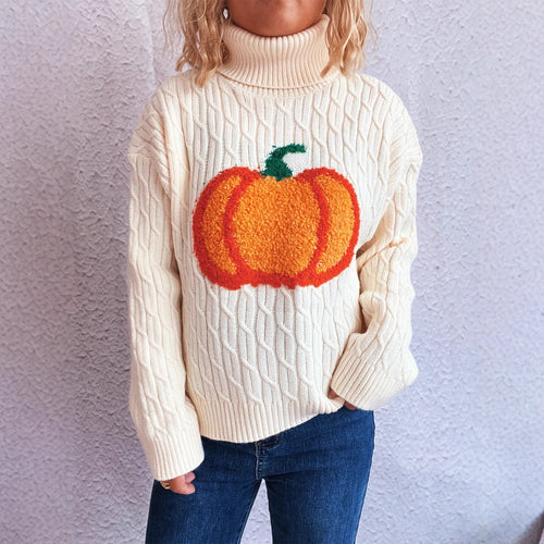 Damen Strickpullover mit Rollkragen und fröhlichem Kürbisdesign EB