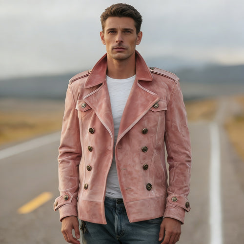 Herren nan doppeltreihige Vintage-Lederjacke mit Reverskragen und Schulterpatten EB