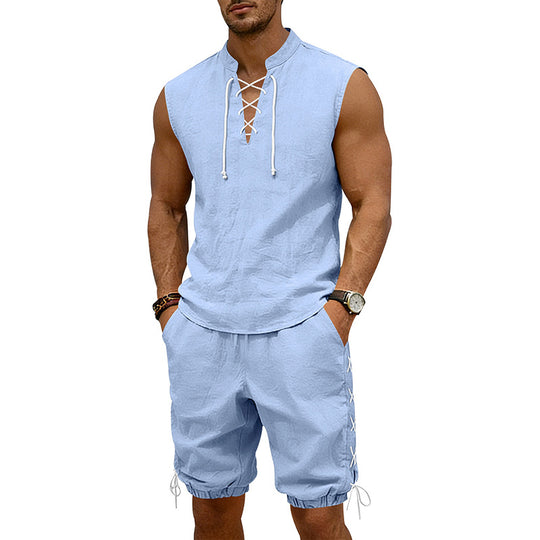 Herren nan ärmelloses Freizeit-Set mit Schnürkragen und Kordelzug-Bermuda EB