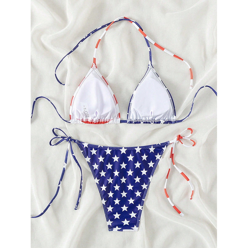 Damen Triangel-Bikini mit verstellbaren Schleifen und patriotischem Design EB