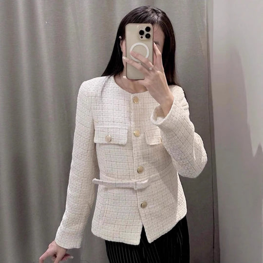 Damen elegante Tweed-Jacke mit doppelter Knopfleiste und praktischen Taschen EB